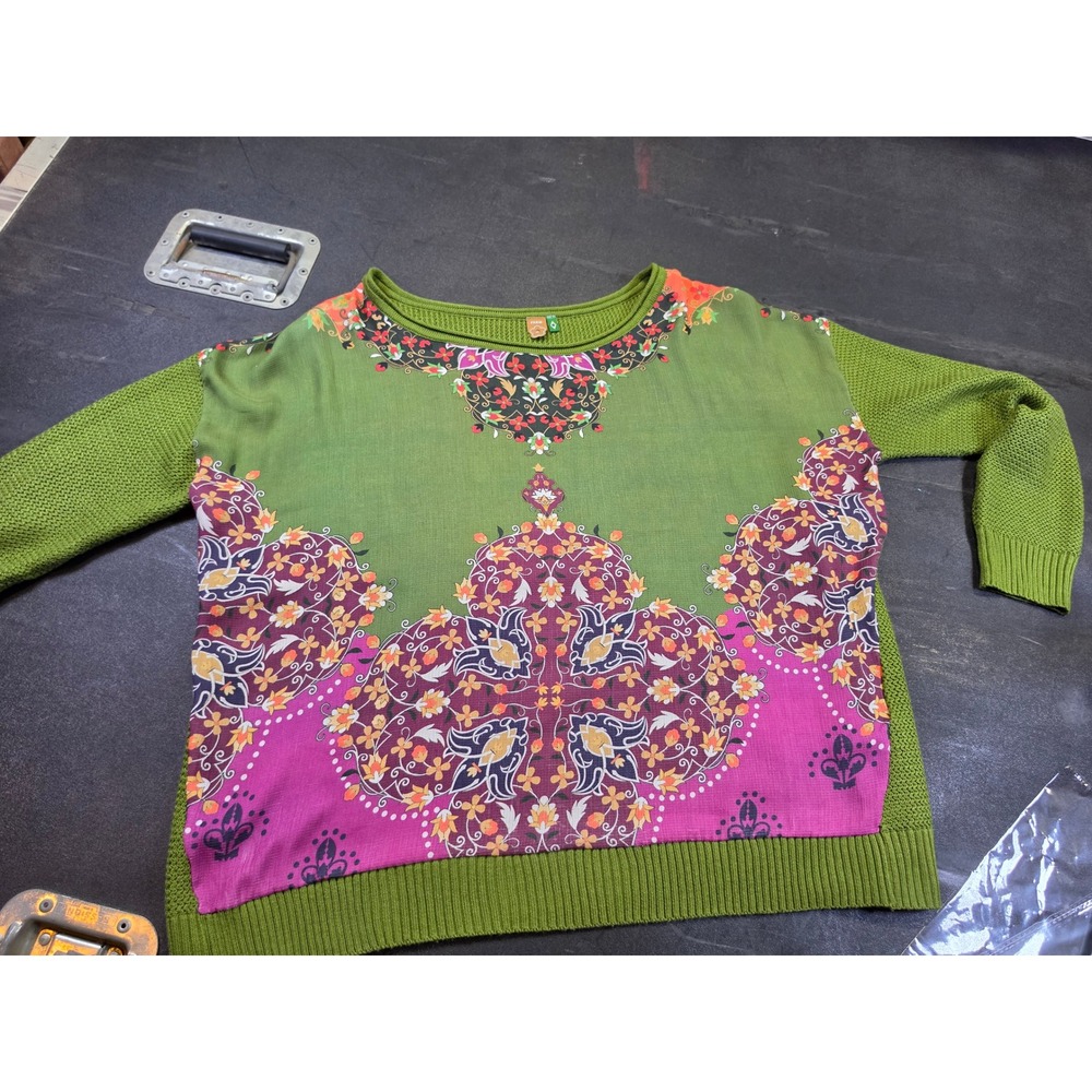 Farm Rio Green Floral Mandala Mixed Media Knit Sweater Size M